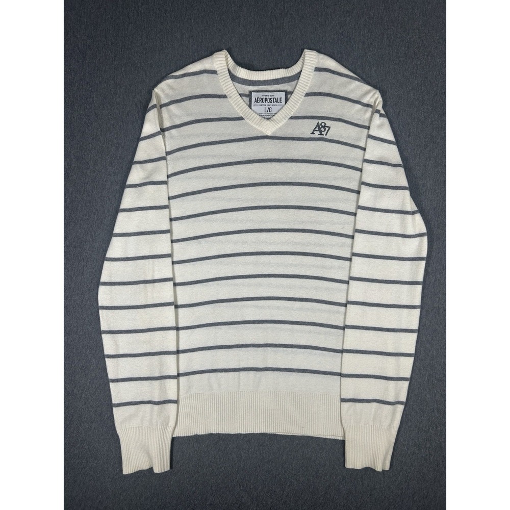 Aeropostale Men's Striped V-Neck Wool‎ Blend Long Sleeve Pullover Sweater L